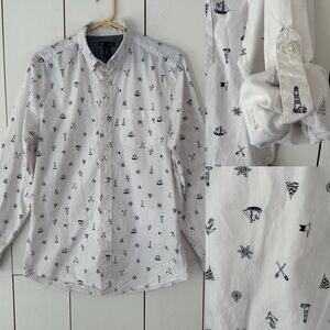GAP Long Sleeve Button Up Shirt Sz M Lighthouse Ship Anchor Print Coastal Prep